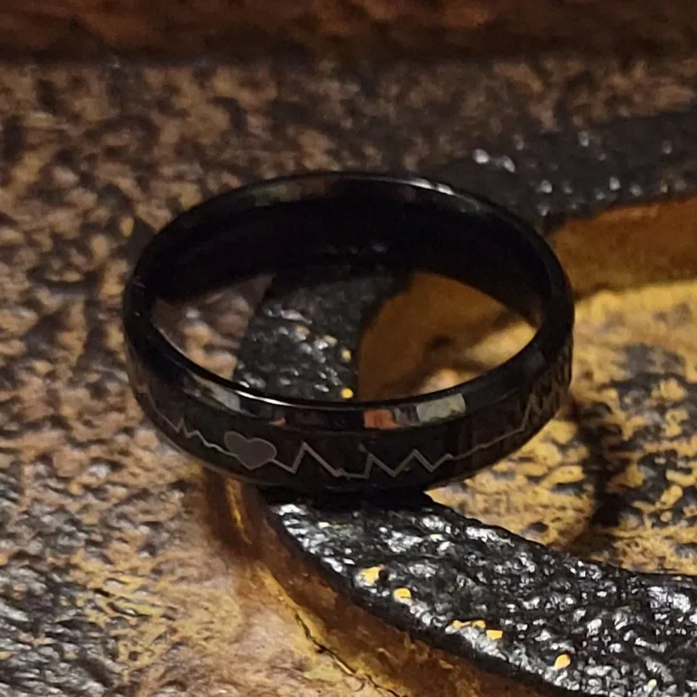 Men's Black Heartbeat Wedding Ring Band  - Heartbeat Wedding Ring For Him